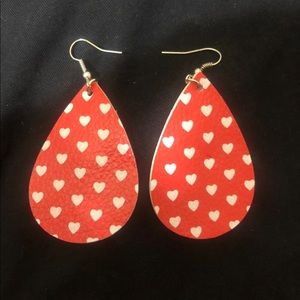 NEW Red and White Hearts Faux Leather Tear Drop-Shaped Dangle Earrings